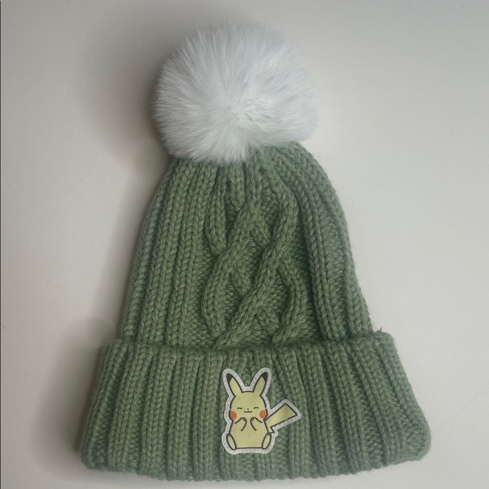 Youth Pokémon Pikachu Green and White Cable Knit Beanie with Pom Pom, Sz. OSFM